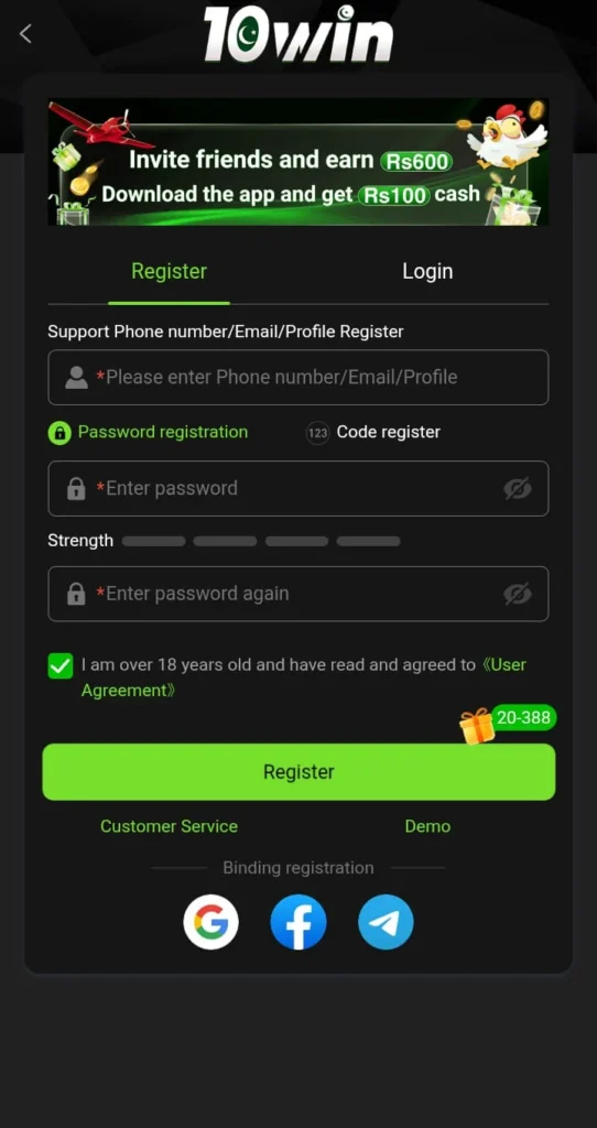 Register an account in the 10Win Game App for free