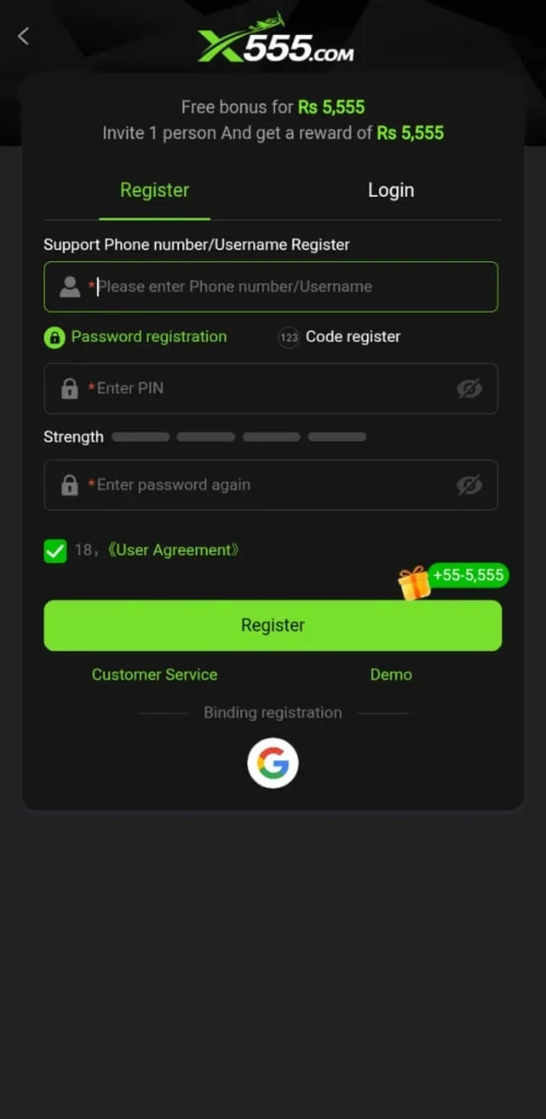 Register an account in X555 Game Login for free