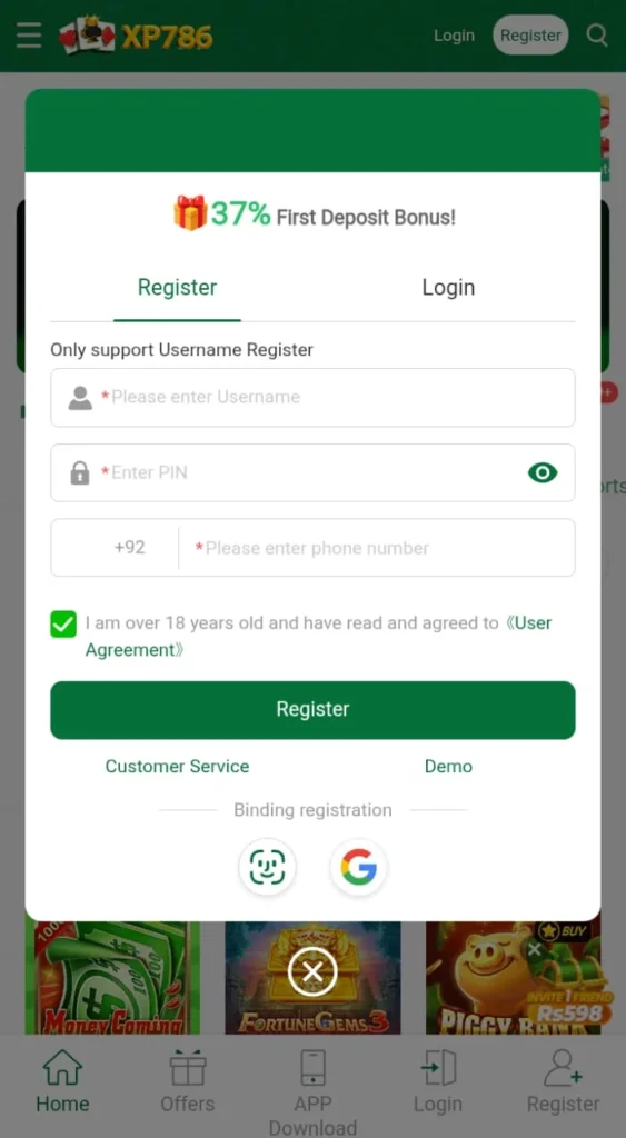 Register an account in XP786 Game Login and access to daily login rewards and bonuses