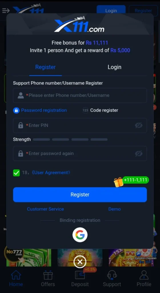 Register an account in X111 Game Login APK
