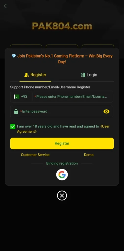 Register an account in PAK804 Game login for free