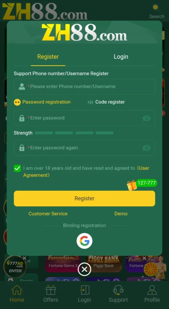 Register an account in ZH88 login for free