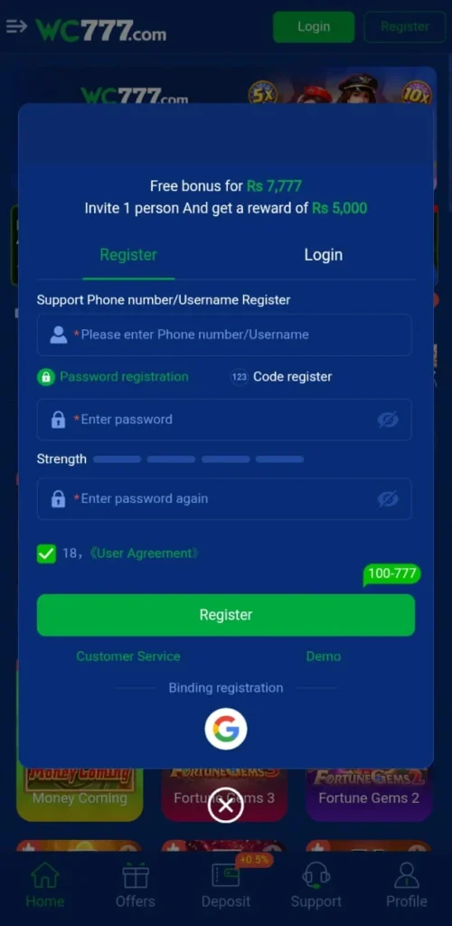 Register an account in WC777 Login for free