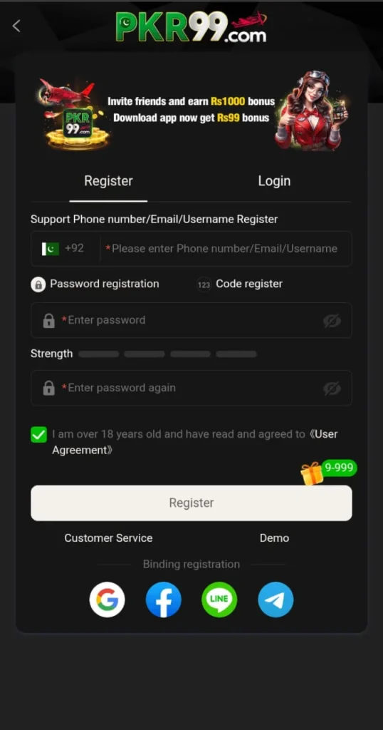 Register an account in PKR99 Com Game Latest version 2025
