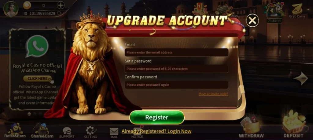 Register an free account in the Royal X Casino 2025 for Android