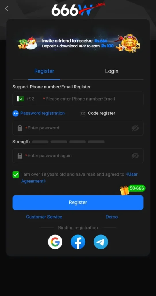 Register an account to get bonuses, rewards, and promotions from 666W login for free