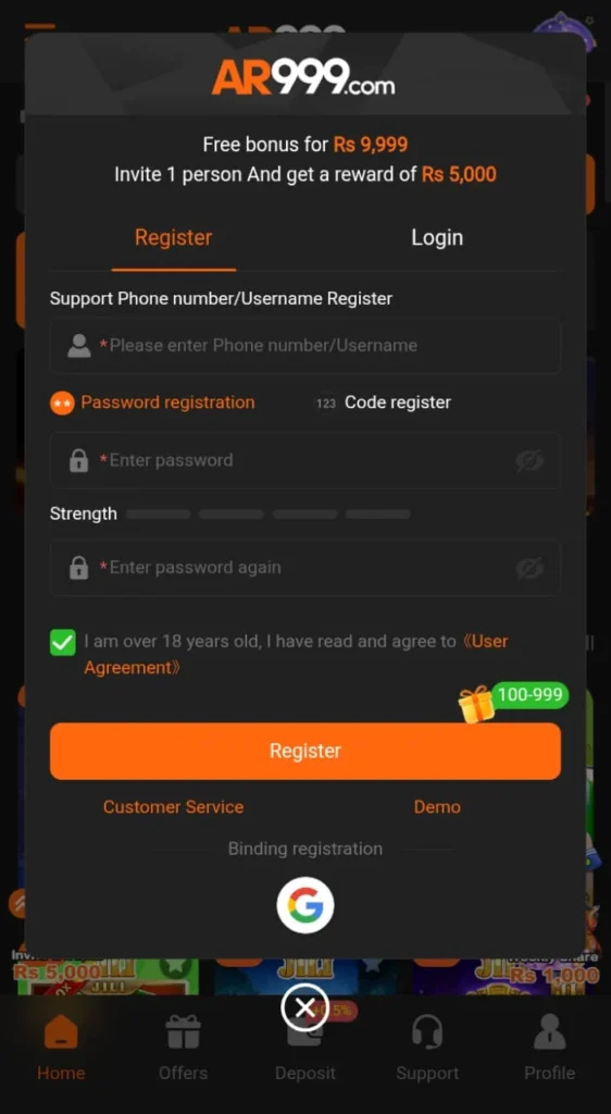 Register an account in the AR999 Login for free