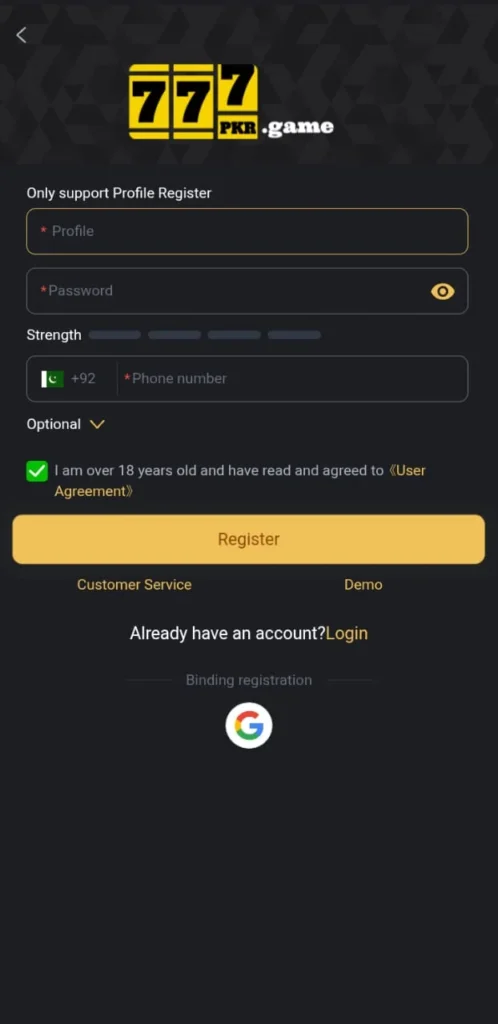 Register an account in the 777 PKR Login for free