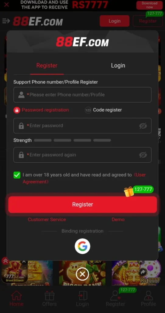 Register an account in the new version 2026 of the 88EF Game login for free