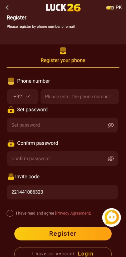 Register an account in the Luck26 App for free