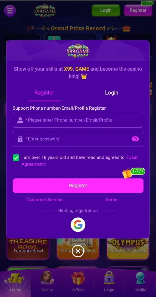 X99 Game Login for free